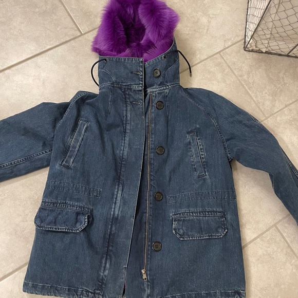 INTERMIX Denim Parka Coat with removable 100% Purple Lamb Fur - Picture 1 of 8